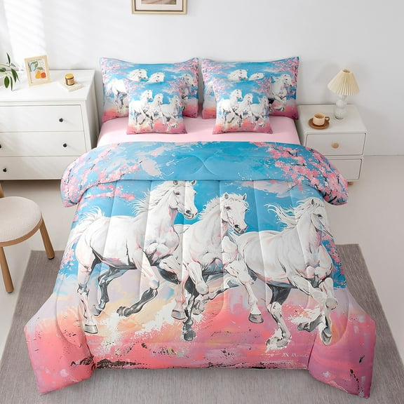 White Horse Bedding Full Size 7 Pieces Chic Cherry Blossoms Comforter Set , Pink Blue White Bedding Comforter Sets Cartoon Galloping Horse Bed in a Bag, Japanese Bedding Accessories
