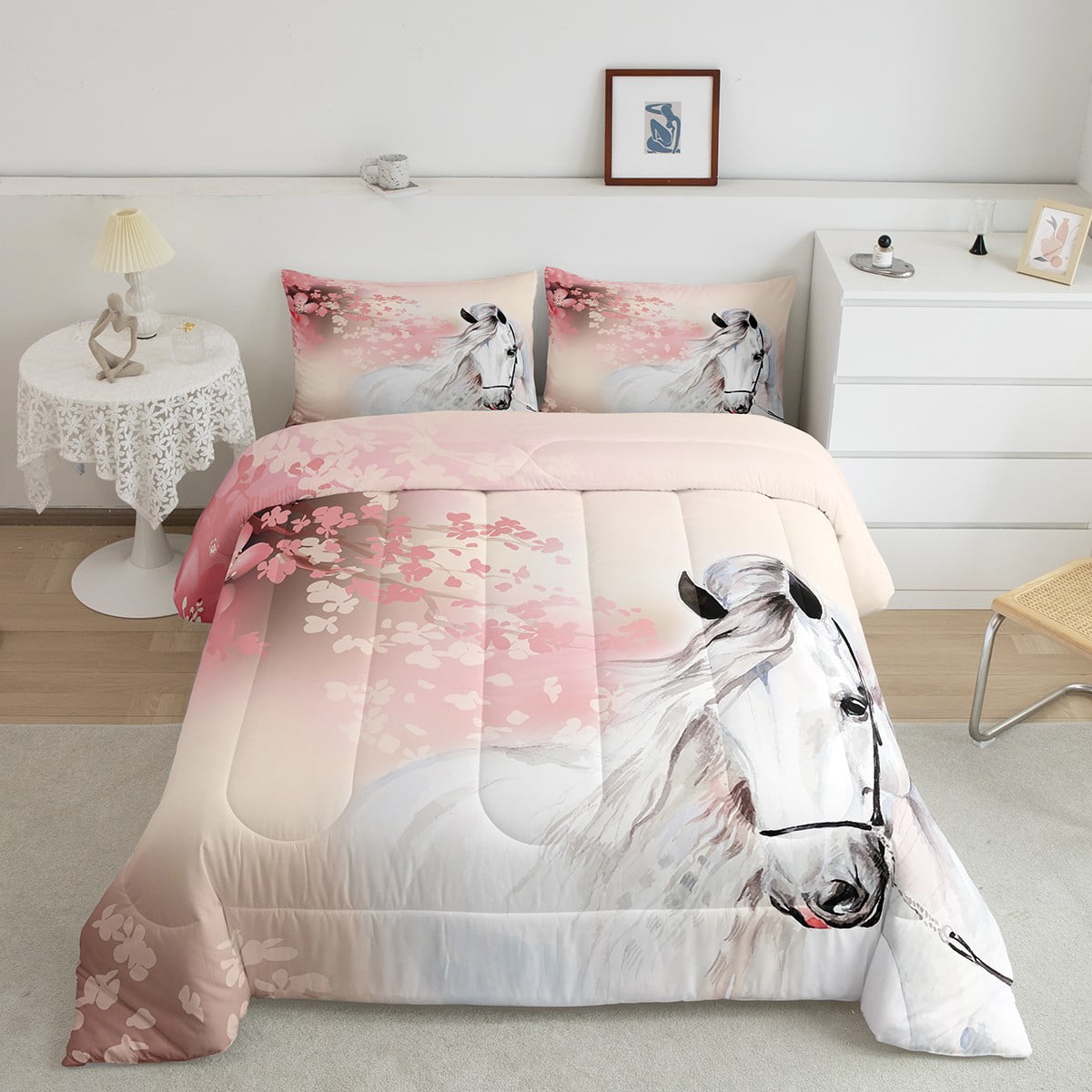 White Horse Bedding King Pink Cherry Blossoms Comforter Set for Girls ...