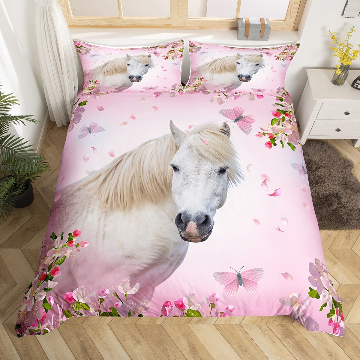 White Horse Bedding Set for Women Girls,3D Galloping Horse Duvet Cover