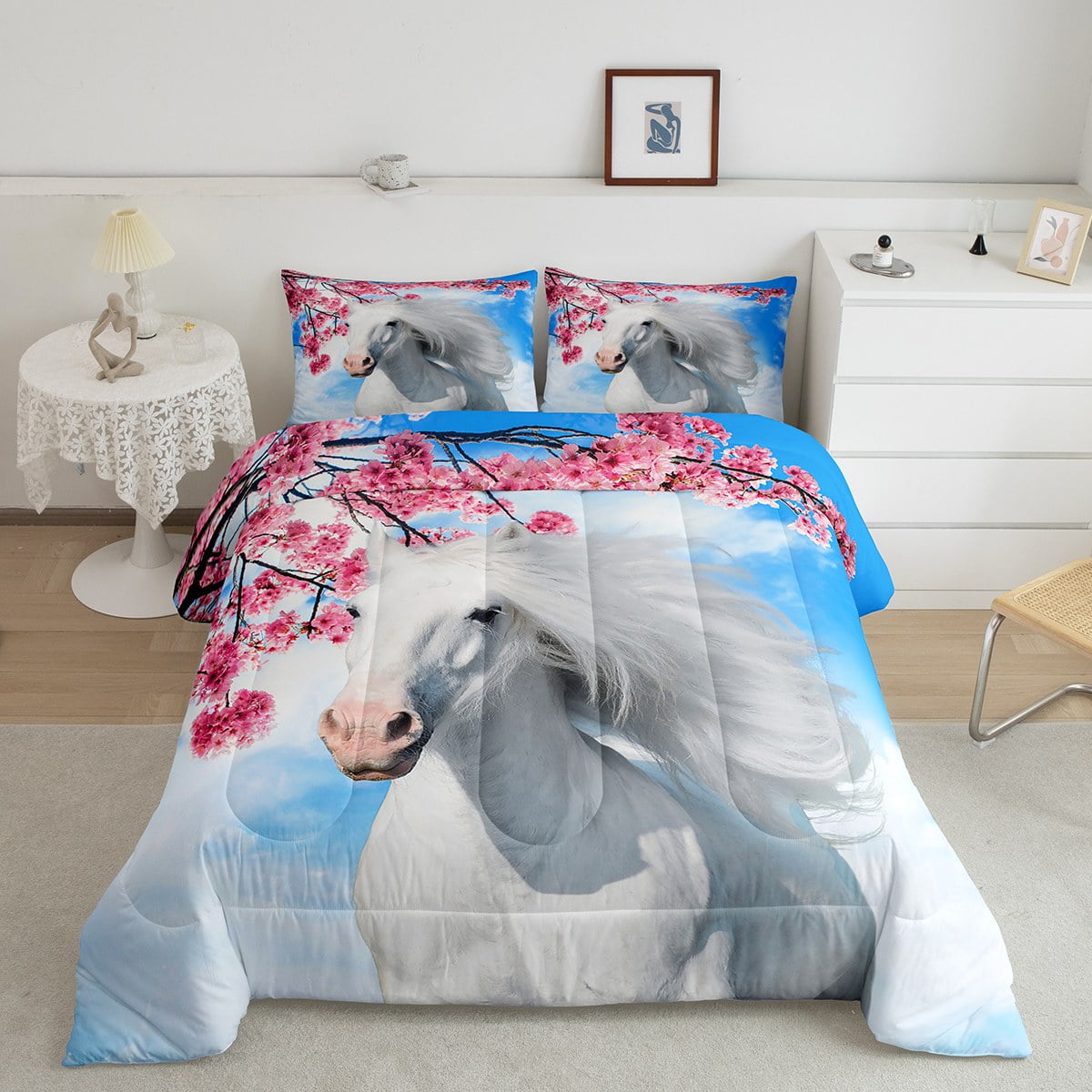 White Horse Bedding Set for Women Girls,3D Galloping Horse Queen