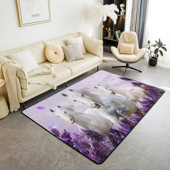 White Horse Carpet Teens,Purple Lavender Area Rug for Bedroom,Galloping Horse Rug 3x5 for Bedside,Farmhouse Animal Accent Rug Set for Living Room Doorway Non Slip