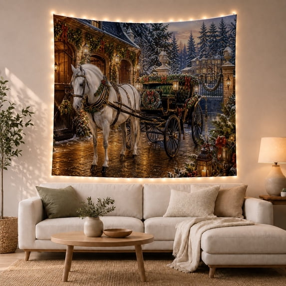 White Horse and Carriage in Snowy Manor Courtyard, Cozy Vintage for Christmas Decor Enthusiasts Festive Wall Art, Holiday Gift Tapestry Wall Hanging for Living Room and Bedroom