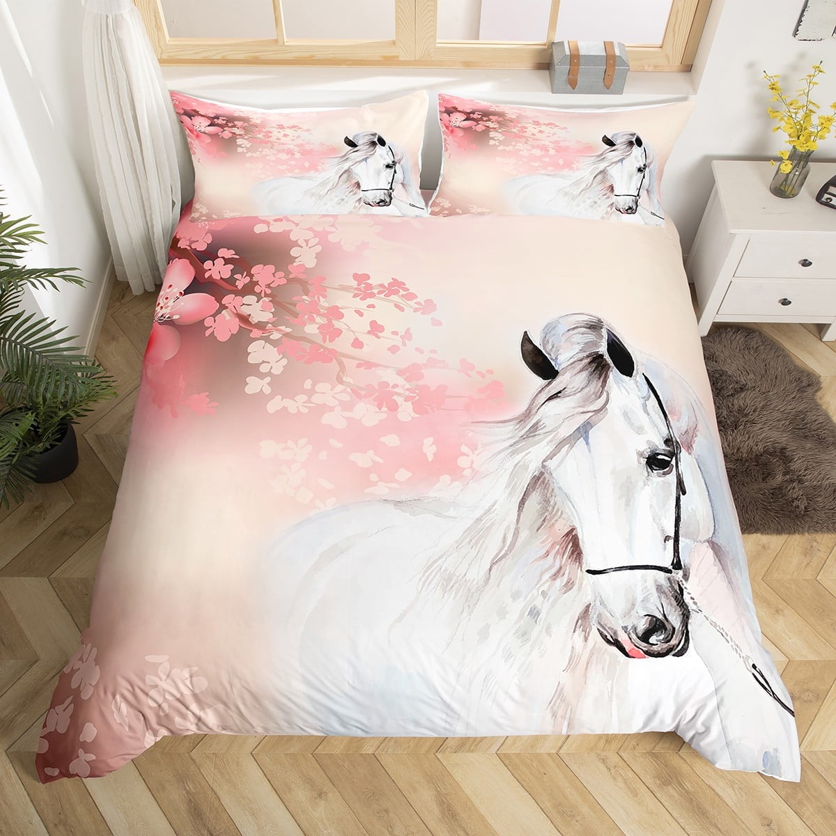 White Horse Comforter Cover Pink Cherry Blossoms Bed Set for Girls