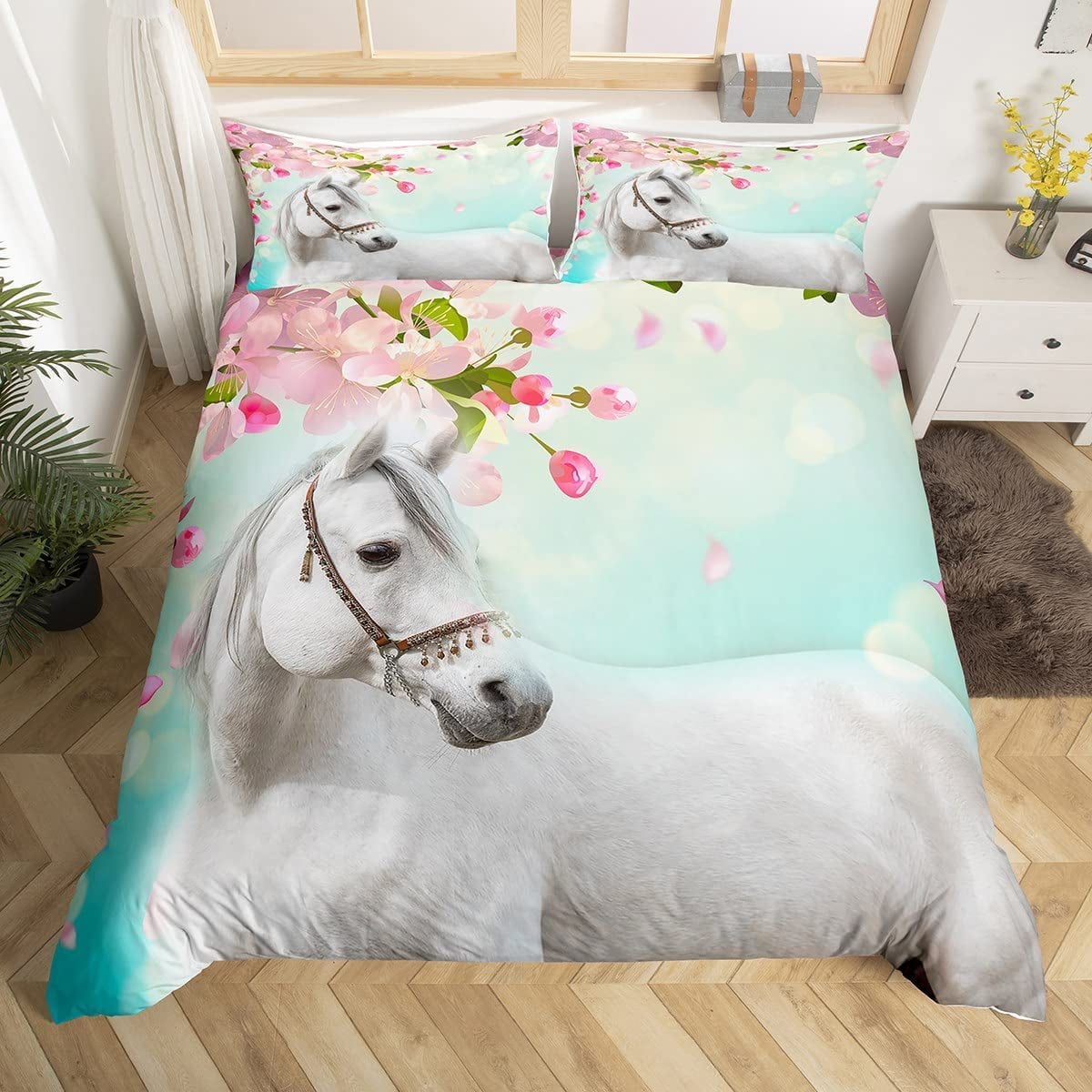 White Horse Comforter Cover Western Cowboy Bedding Set Pink Cherry