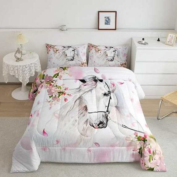 White Horse Comforter Set Chic Pink Floral Flowers Bedding Set Watercolor Animal Design Comforter Teens Bedroom Decor Wildlife Duvet Set King Size