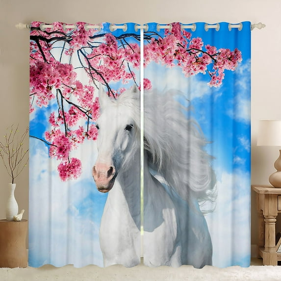White Horse Curtains & Drapes,3D Galloping Horse 30%-50% Blackout Curtains,Rustic Farmhouse Animal Window Treatments,Blue Sky Cherry Blossom Flowers Window Curtains