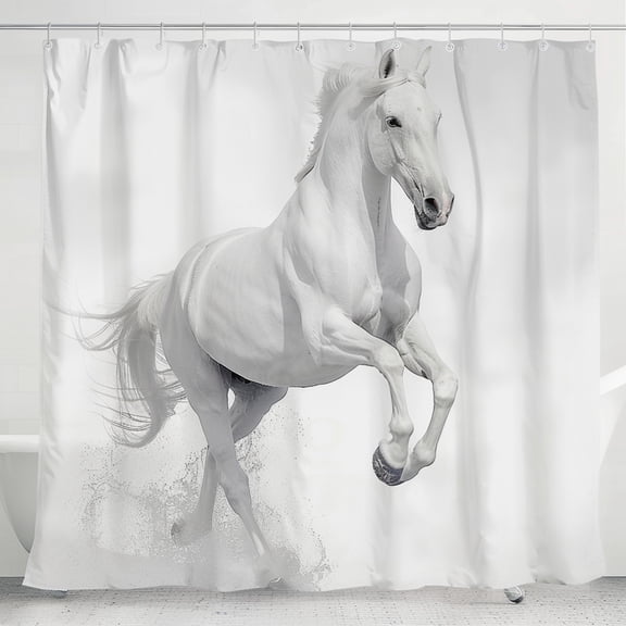 White Horse Elegance: Minimalist Shower Curtain with Airy Design Grey Accents and High Detail Photography