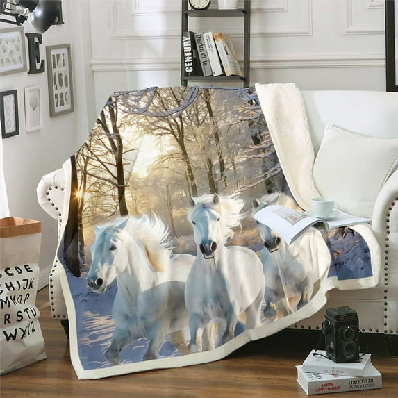 White Horse Fleece Blanket Throw Galloping Horse Throw Blanket,Horse Printed Blanket Brown Branches Winter Snow Fuzzy Blanket Animal Themed Home Decoration,Cozy