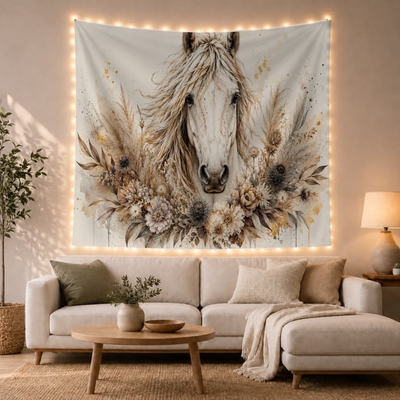 White Horse with Flowing Mane Among Pampas Grass, Peaceful Rustic for Animal Lovers, Equestrian Wall Art, Housewarming Gift, Tapestry Wall Hanging for Bedroom and Studio