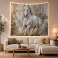 thumbnail image 1 of White Horse in Gallop on Rustic Wood with Leaves, Energetic Rustic Style for Animal Lovers, Equine Wall Art, Housewarming Gift Tapestry Wall Hanging for Bedroom and Living Room, 1 of 7