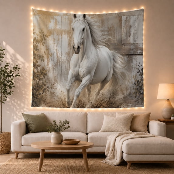 White Horse in Gallop on Rustic Wood with Leaves, Energetic Rustic Style for Animal Lovers, Equine Wall Art, Housewarming Gift Tapestry Wall Hanging for Bedroom and Living Room