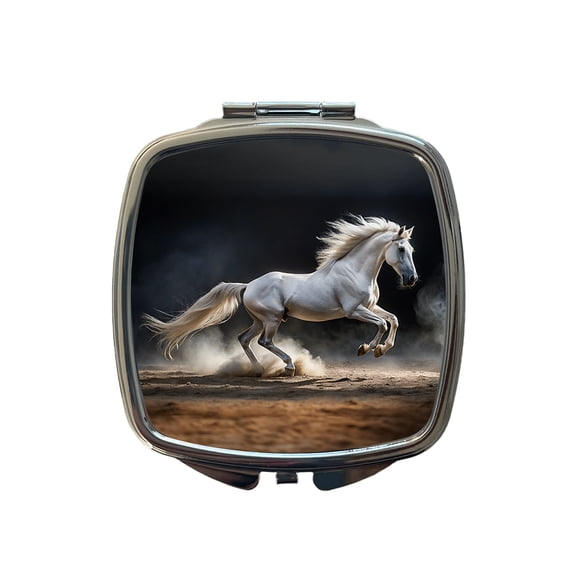 White Horse Galloping Travel Makeup Handbag Purse Small Pocket Compact Mirror