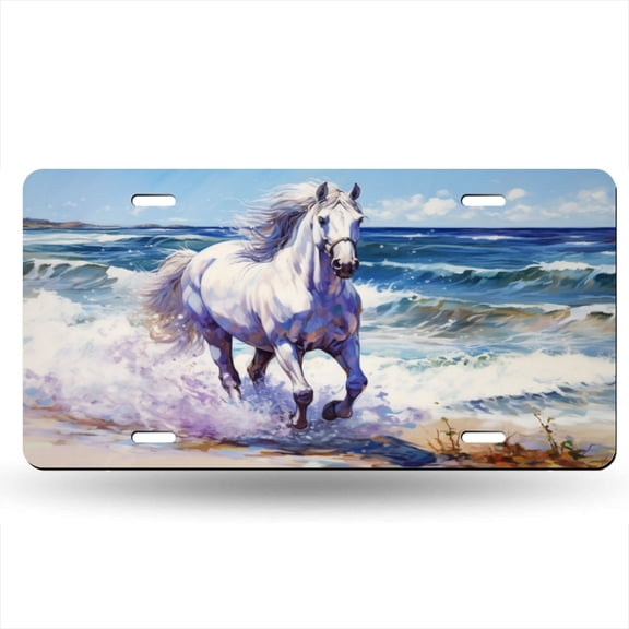White Horse Is Running On The Beach With Waves Crashing Decorative Signboard, Decorative Metal Plate with 4 Holes, 6x12inch Artistic Plate Frame