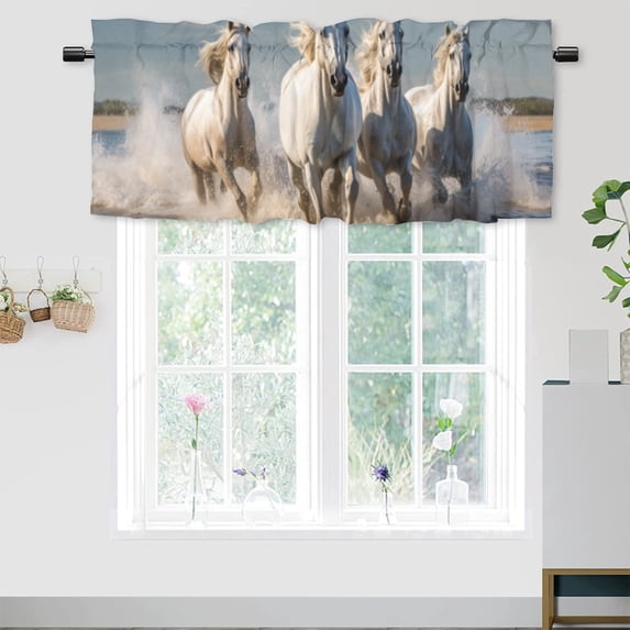 White Horse Kitchen Valance Curtains Wild Animal Beach Galloping Running Window Valance for Living Room Bedroom, Kitchen Valance Rod Pocket Window Decor Curtain 54 by 18 in, 1 Panel