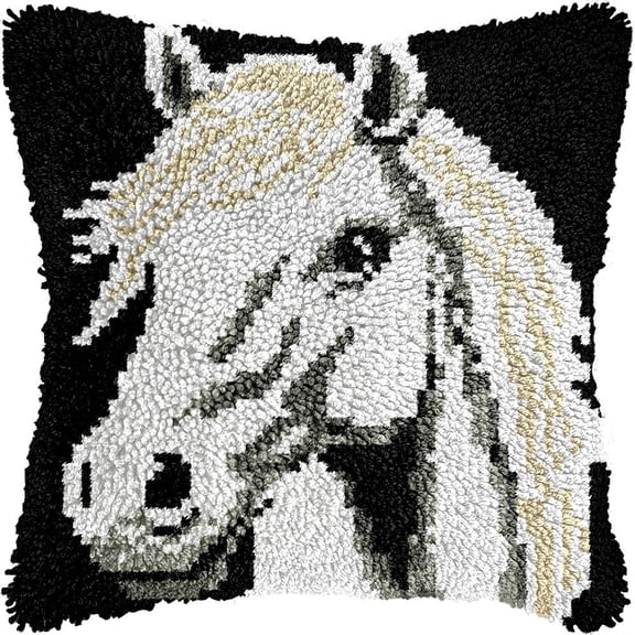 White Horse Latch Hook Kits Pillow DIY Rug Crochet Hook Cushion Making Kits with Preprinted Pattern Canvas Instruction Yarns Pillow Cover Easy Starter DIY Crochet Kits 43x43cm de124)