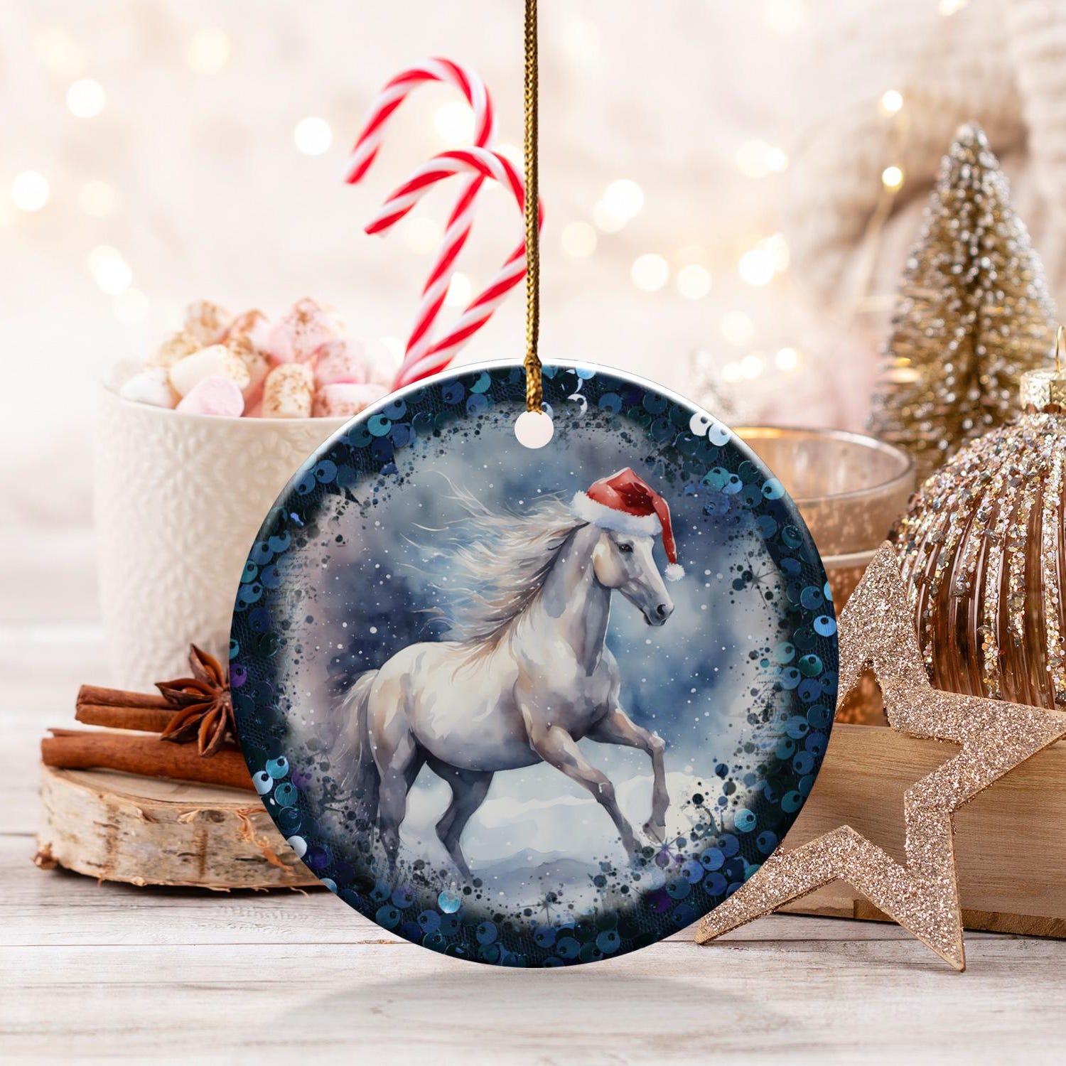 White Horse Ornament, Santa Hat Holiday Decor, Winter Wonderland Animal ...