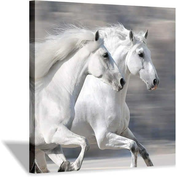 White Horse Picture Wall Art: Running Animal Artwork Painting Print on Wrapped Canvas for Bedroom (12'''' x 12'''')