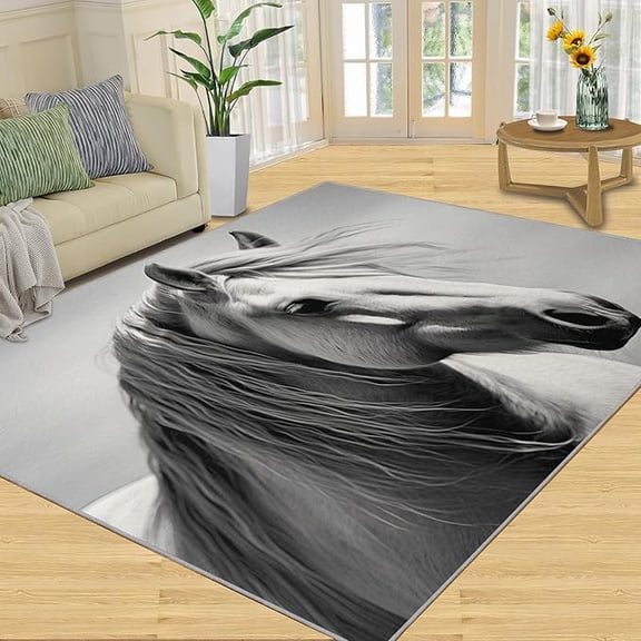 White Horse Rugs for Bedroom, Wild Horse Area Rug, Grassland Animals Rugs for Living Room, Indoor Non-Slip Hunting Rug, Machine Washable Carpet for Front Entrance Floor Decor 3 x 4ft
