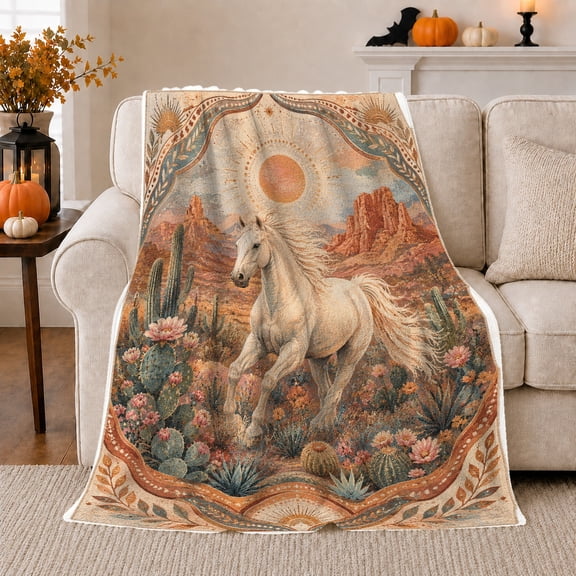 White Horse Running through Desert Cactus Garden, Warm Boho Style for Horse Lovers, Southwest Wildflower Motif and Mother's Day Gift, Soft Flannel Blanket for Sunroom and Bedroom, Home Decor