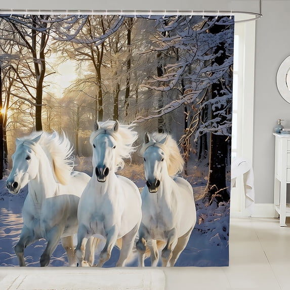 White Horse Shower Curtain 72x84 Galloping Horse Bath Curtain,Horse Printed Waterproof Bathroom Curtain Brown Branches Winter Snow Waterproof Cloth Animal Themed Home Decoration