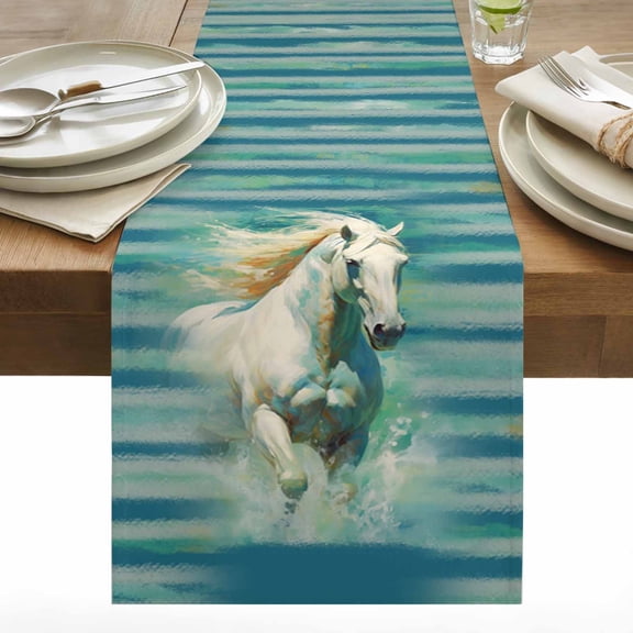 White Horse Table Runner 13x36 inch Running Teal Cotton Linen Dining Table Runner Ideal for Dresser Kitchen Coffee Tables - Machine Washable