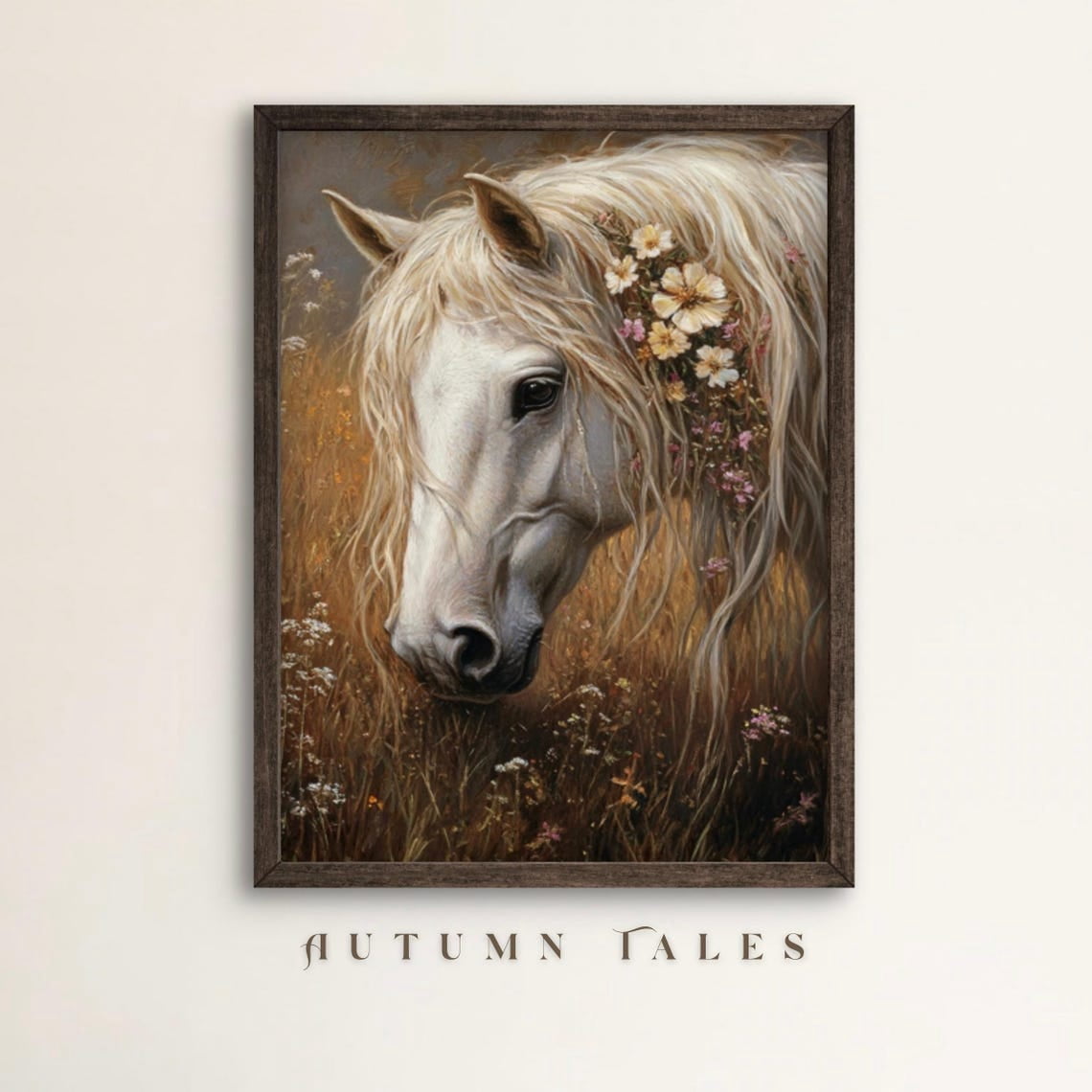 Spring Medoq White Horse With Wildflowers In Mane Wall Art Print, Spring Meadow ...
