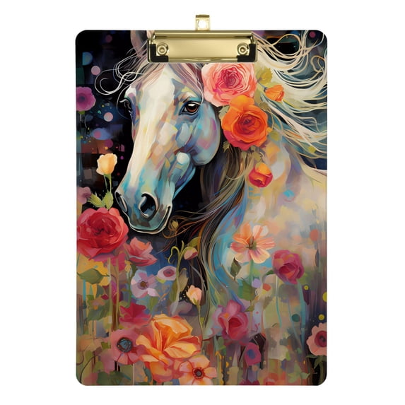 White Horse and Flowers Acrylic Clipboards 12 x 9 Inch A4 Size with Low Profile Clip Hanging Clipboard for Classroom School Office