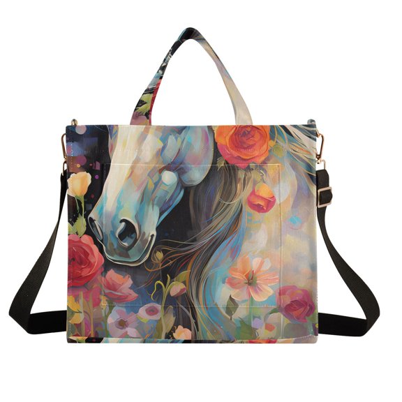 White Horse in Flowers Floral Corduroy Tote Bag Handbag Large Messenger Bag Shoulder Crossbody Zipper Bag Purse