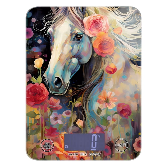 White Horse in Flowers Floral Food Scale Digital Kitchen Scale Waterproof Tempered Glass Tare Function 11 lb for Baking Cooking Meal Prep