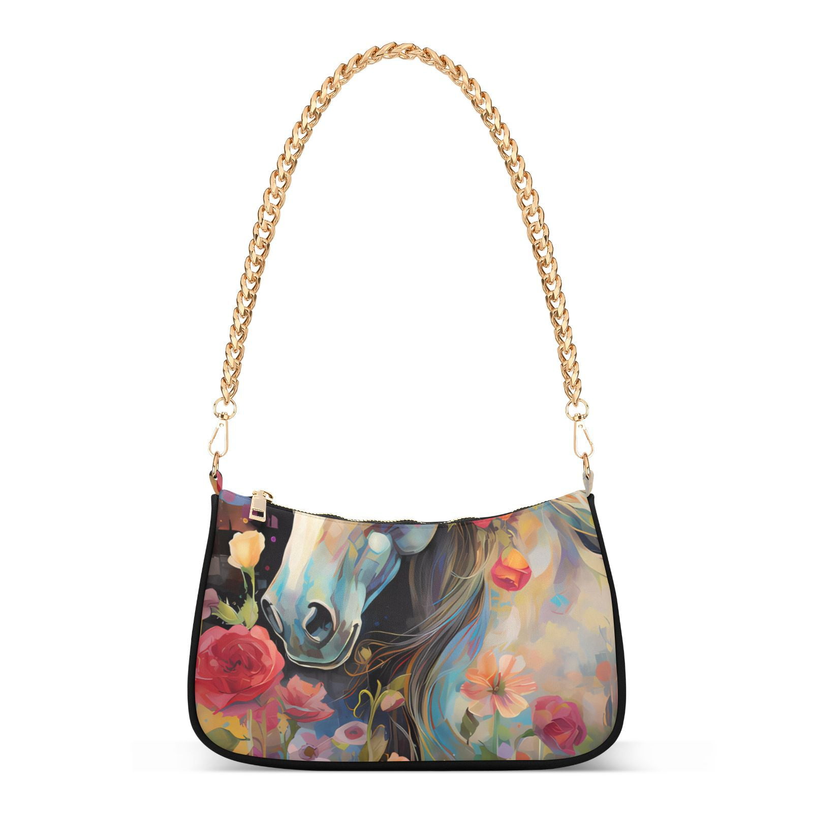 White Horse in Flowers FloralWomen Small Shoulder Bag Crossbody Tote Hobo Bags Purse Clutch Handbags with Chain Strap for Women