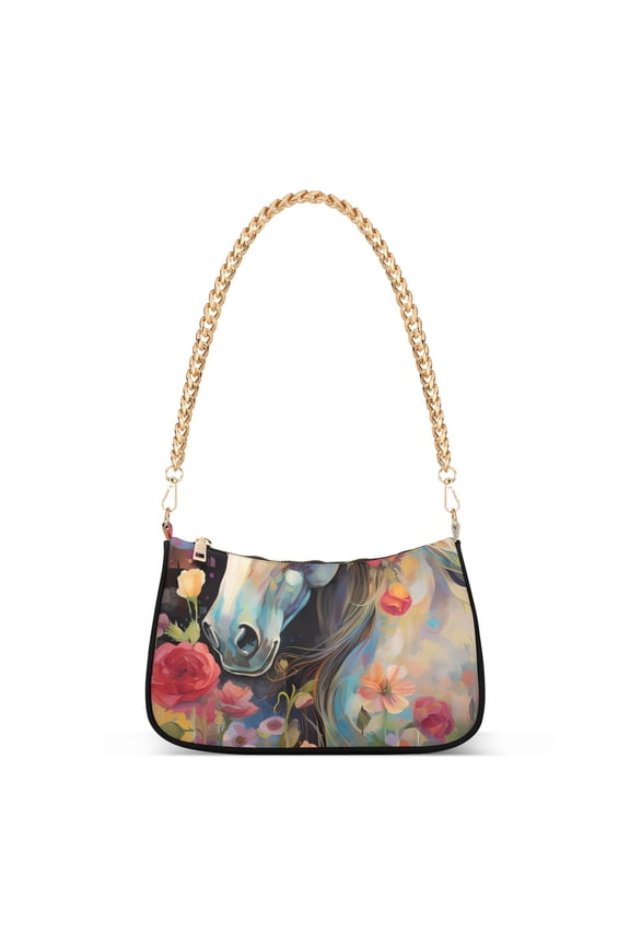 White Horse in Flowers FloralWomen Small Shoulder Bag Crossbody Tote Hobo Bags Purse Clutch Handbags with Chain Strap for Women