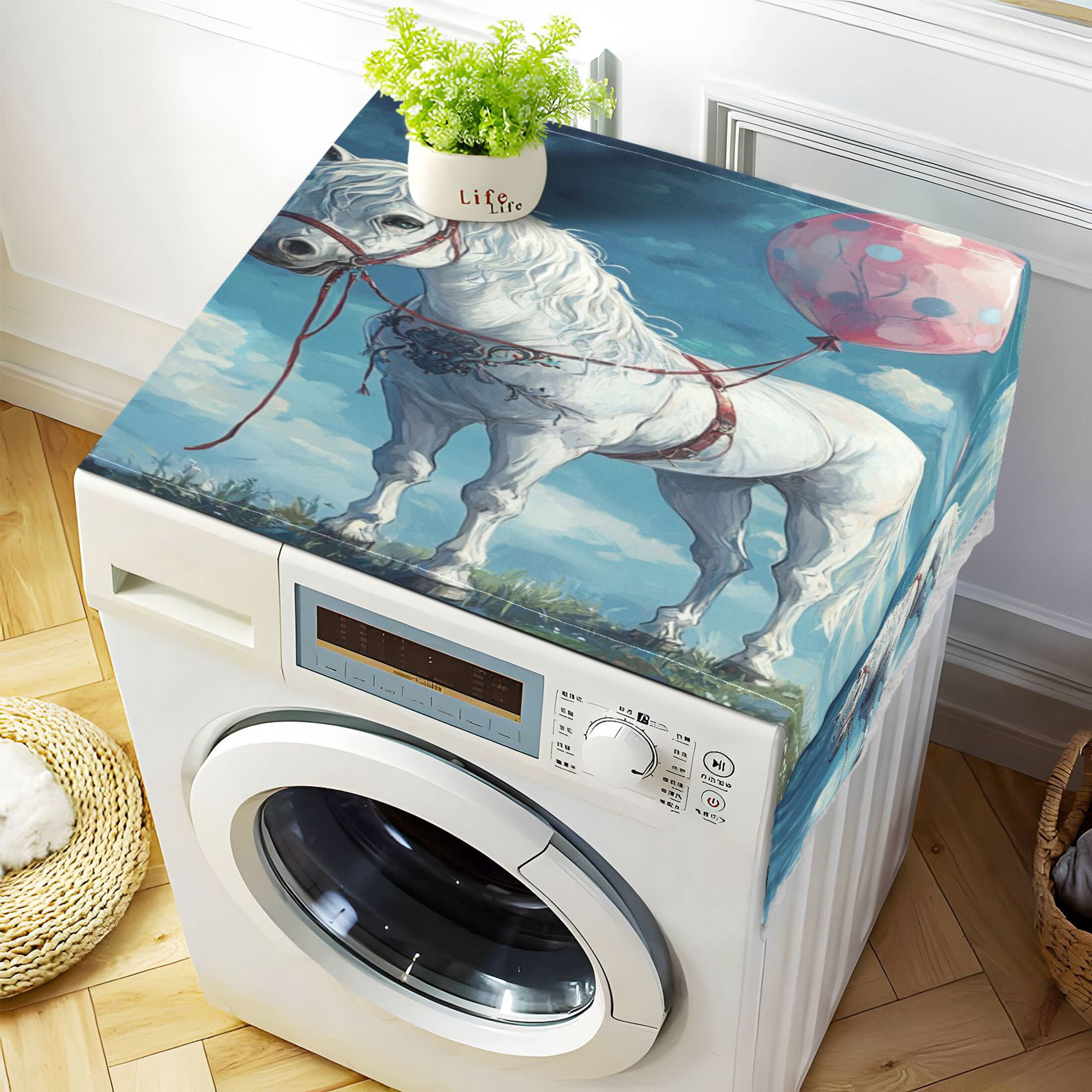 A White HorseWasher and Dryer Covers Dust-Proof and Oil Resistant Fridge Cover with 4 Storage Pockets Washing Machine Top Cover for Laundry Kitchen Home 51.2 x 22 In