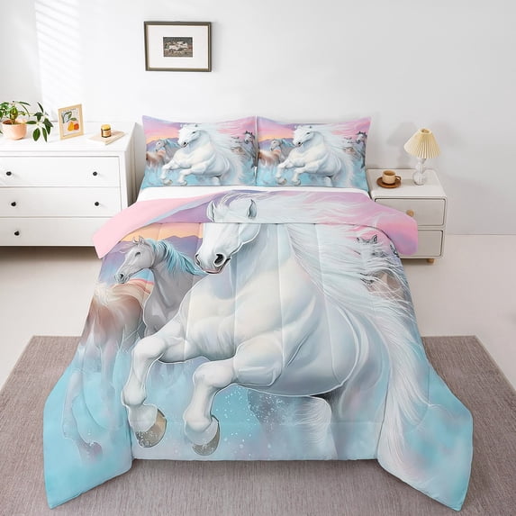 White Horses Bedding Set Adults,Aesthetic Blue Pink Comforter Set 2 Piece,Western Horse Animal Bedding Comforter Sets,Country Twin Bed Sets (Pink Reversible)