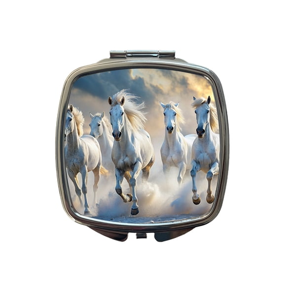 White Horses Galloping Travel Makeup Handbag Purse Small Pocket Compact Mirror