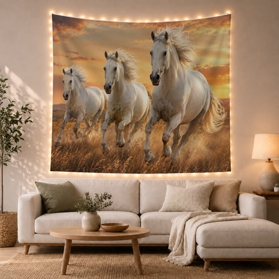 White Horses Running on Golden Grassland Majestic Photorealistic Style for Nature Lovers Wildlife Wall Art Housewarming Gift Tapestry Wall Hanging for Bedroom, Living Room and Dorm