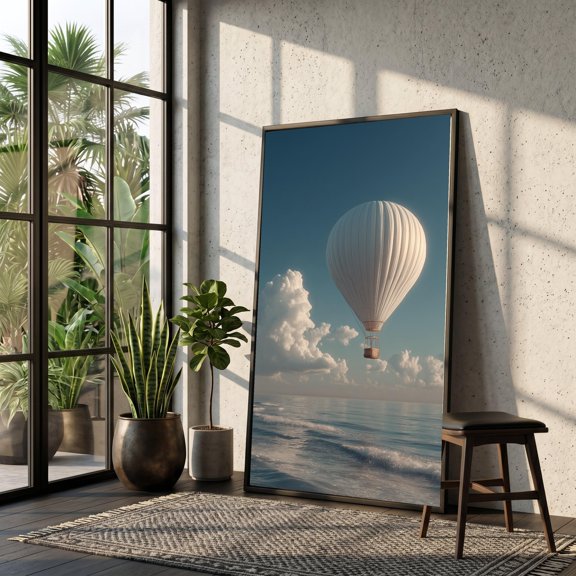 White Hot Air Balloon Art Ocean Sky Wall Art Serene Flight Landscape Calm Sea View Art Nature Sky Decor