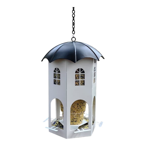 White House Hopper Bird Feeder for Outdoors Hanging, Umbrella Roof Garden Decor, 5.9x8.7x5.9in