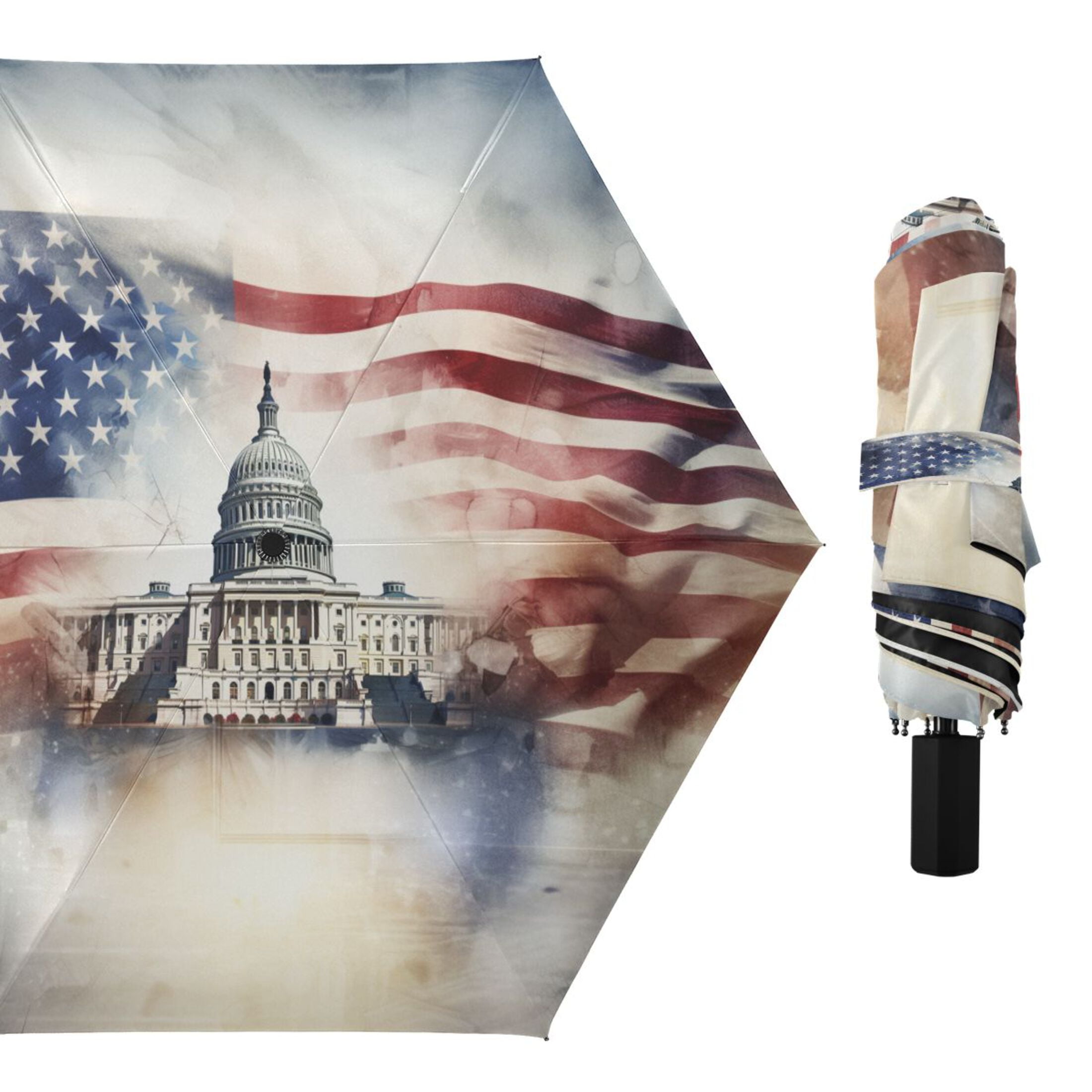 White House and American Flag Compact Sun Umbrella Windproof Travel Umbrellas for Rain Strong Portable UV Protection