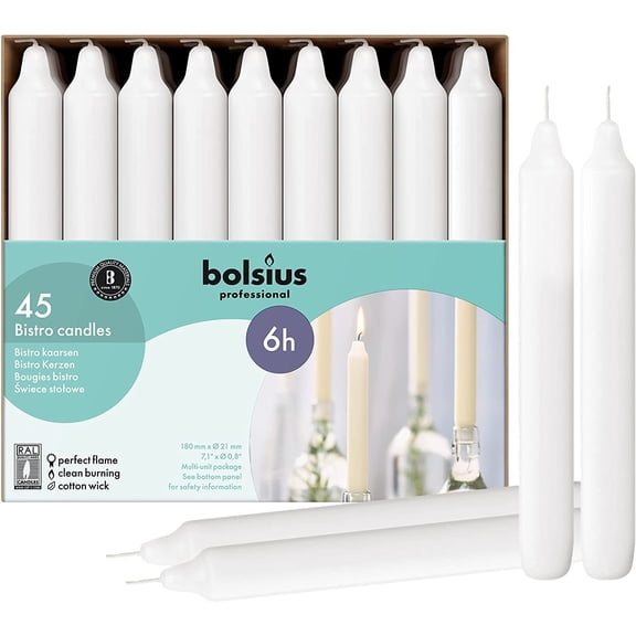 White Household Candles 7 Inch Dinner Candlesticks - 45 Count Bulk Pack - 6+ Hours Clean Burning - Premium European Quality - Shabbat Candles - No Palm Oil - 0% Animal Fat - Emergency Candle