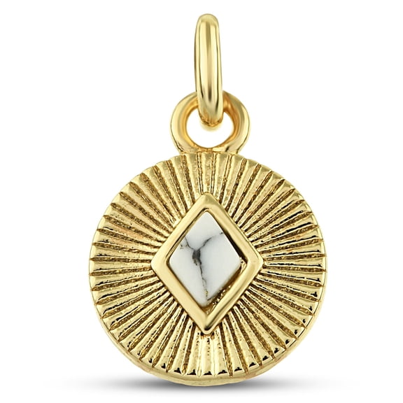 White Howlite Charm, 15 mm - Yellow Gold Plated Positive Energy Charm for Women - Good Luck Charm, Rhombus Sun Round Disc Charm for Girls