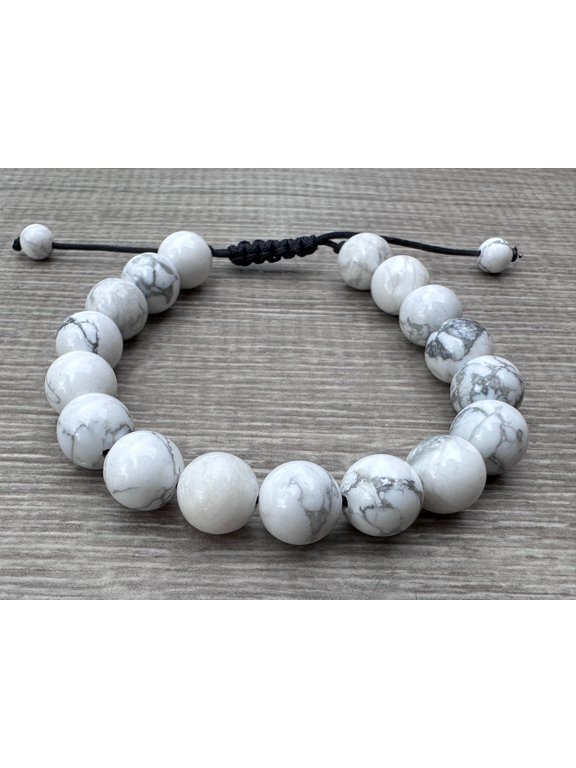 White Howlite Gemstone Round Bead Adjustable Bracelet 10mm, Genuine Crystal Bead Bracelet, Gift for Men & Women (White Howlite)