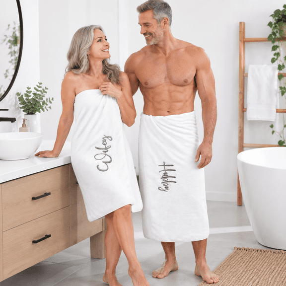 White Hubby and Wifey Polyester Fleece Oversized Bath Towel Set for Couples