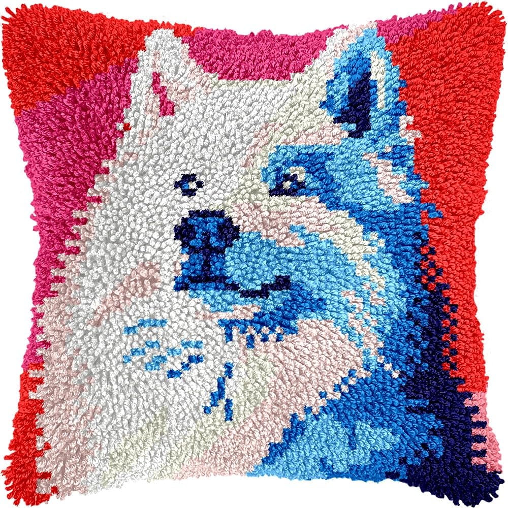 White Husky Dog Latch Hook Pillow Kits Pillow Cover Latch Hook Crafts Crochet Knitted Hooking Pillowcase Cushion Crafts Embroidery Latch Hooking Kits Material Set 17x17 inch(28)