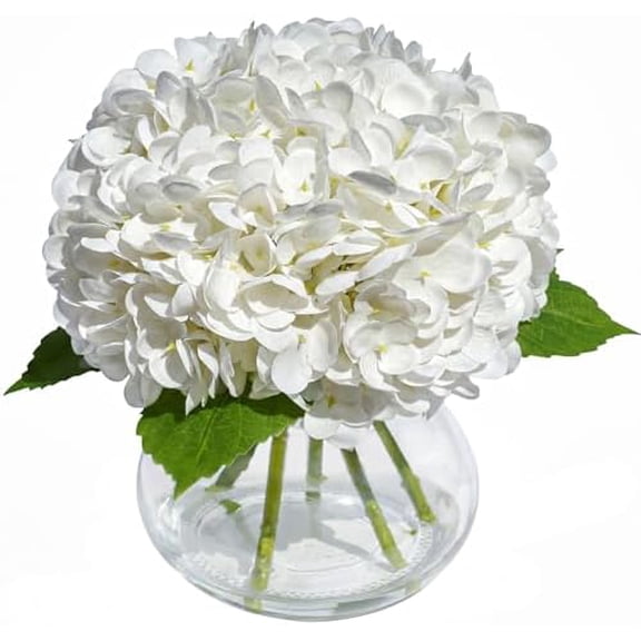 White Hydrangea Artificial Flowers with Vase, Latex Fake Hydrangeas Spring Stem Leaves Bouquet in Glass Vase with Faux Water for Home Bathroom Office Arrangements Table Centerpiece Decor, FF29