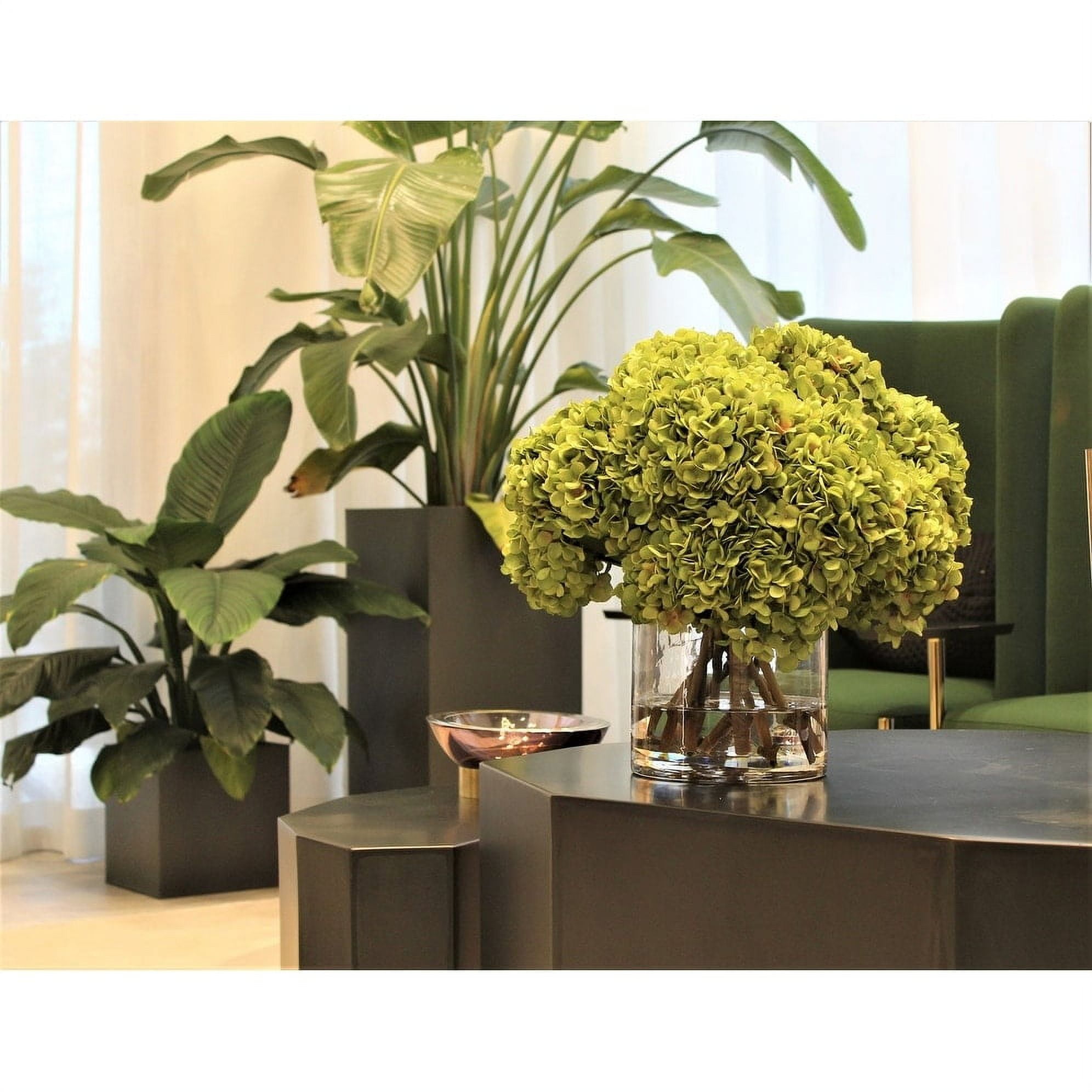 Green Hydrangea Flower Arrangement with Lights in Clear Glass Vase