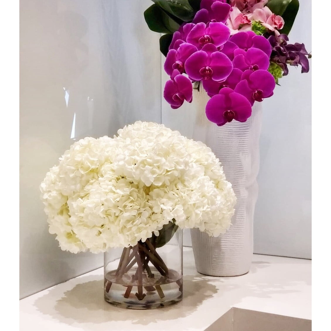 White Hydrangea and Orchid Tabletop Arrangement with Lights