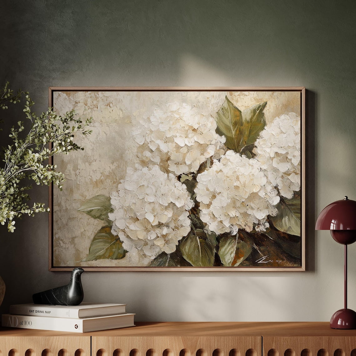 White Hydrangea Floral Painting, Textured Botanical Wall Art Print ...