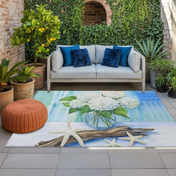 White Hydrangea Indoor Outdoor Rugs 3x5 Ft, Driftwood White Starfish Summer Countryside Outdoor Patio Rugs Mat Washable Outside Area Rugs Carpet for Porch Deck RV Camping Pool Balcony Backyard