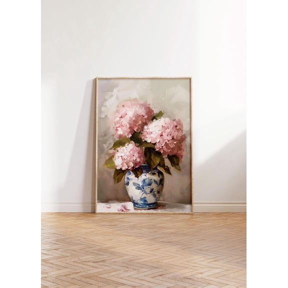 White Hydrangea Poster Beige Vase Floral Wall Art Unframed Paper Print