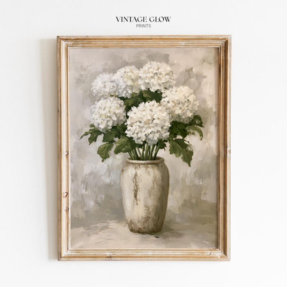 White Hydrangea Wall Art Print, Rustic Ceramic Vase Farmhouse Decor